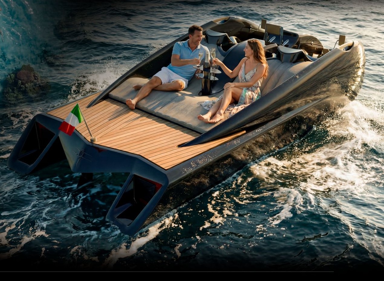Ocean13, il pedalò di lusso, in navigazione al tramonto