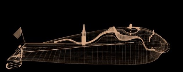 Progetto del pedalò Ocean13: vista laterale in wireframe