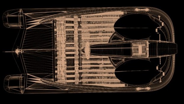 Progetto del pedalò Ocean13: vista dall'alto in wireframe